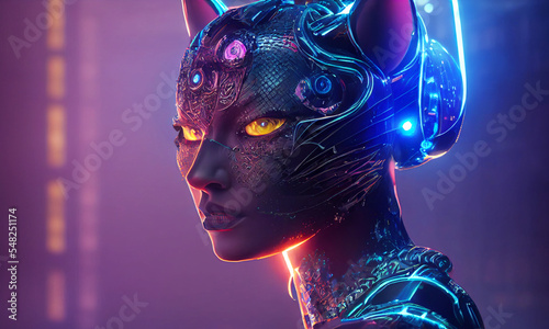 Woman's head detail at neon cat futuristic costume in cyberpunk style. Postproducted generative AI illustration. photo