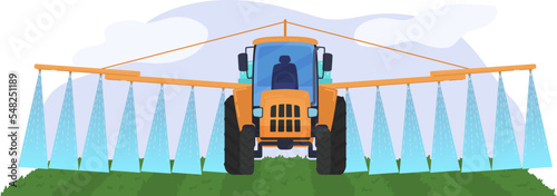 Tractor watering large field with special device concept agricultural machinery isolated on white, flat vector illustration. Area crop fertilizer.