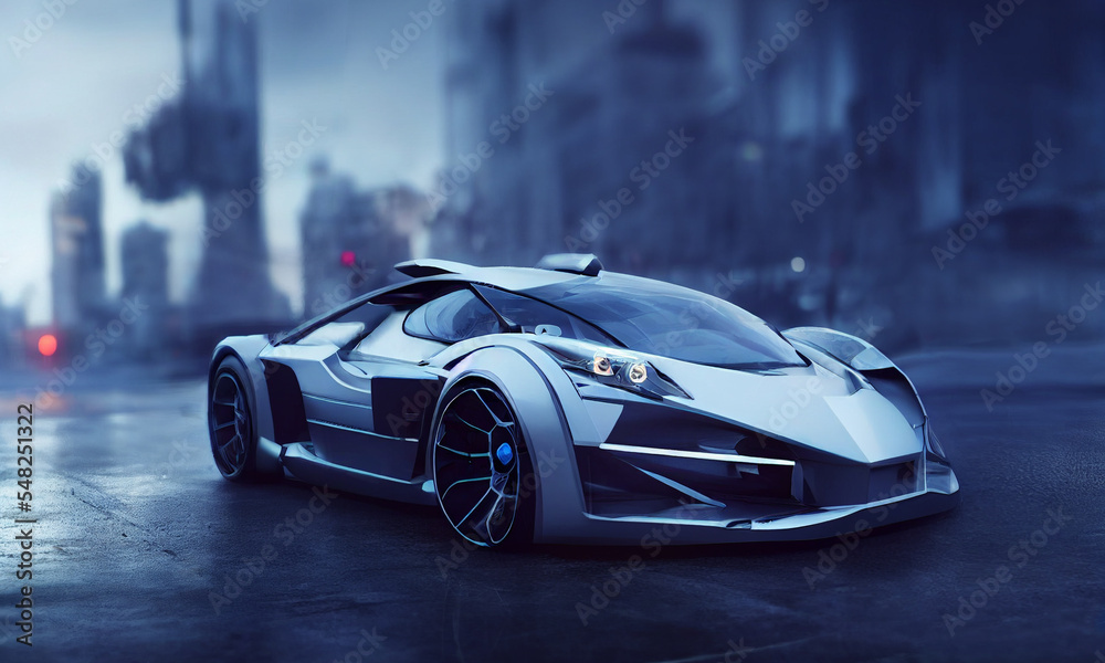Obraz premium Concept of ultra super speed car standing on wet asphalt with futuristic city on the background. Postproducted generative AI illustration.