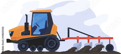 Preparation virgin land tractor use cultivator agricultural device field machinery concept isolated on white, flat vector illustration.