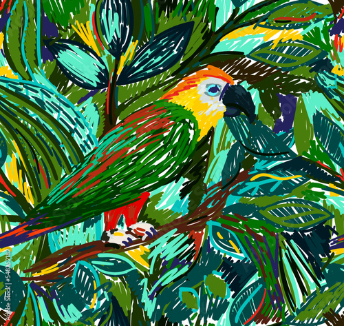 Tropical seamless pattern with parrots and tropical leaves. Hand drawn abstract animalistic print. Decorative floral wallpaper.