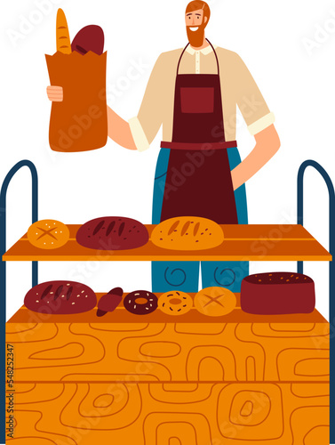 Bakery chef male character stand own bread market, man bakehouse kitchener hold fresh pastry product isolated on white, flat vector illustration.