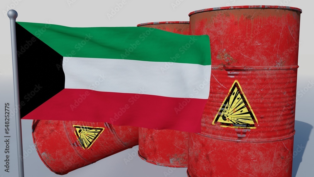 Coal on top of the flag of Kuwait (3D render)