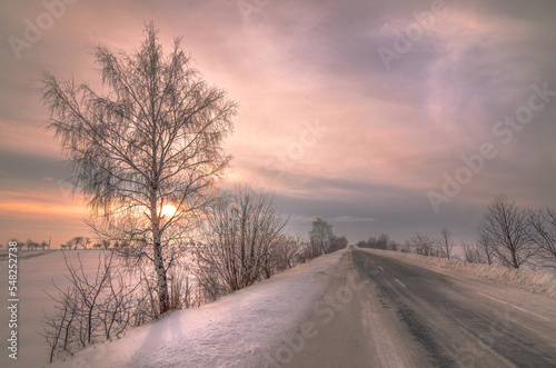 Scenic view of empty road with snow covered tree landscape while snowing in winter season. Beautifull sunset with cloudy sky in Ukraine