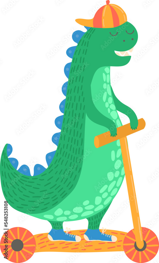 Fototapeta premium Fashionable, cartoon dinosaur ride on transport, fun scooter, vehicle, flat style vector illustration, isolated on white.