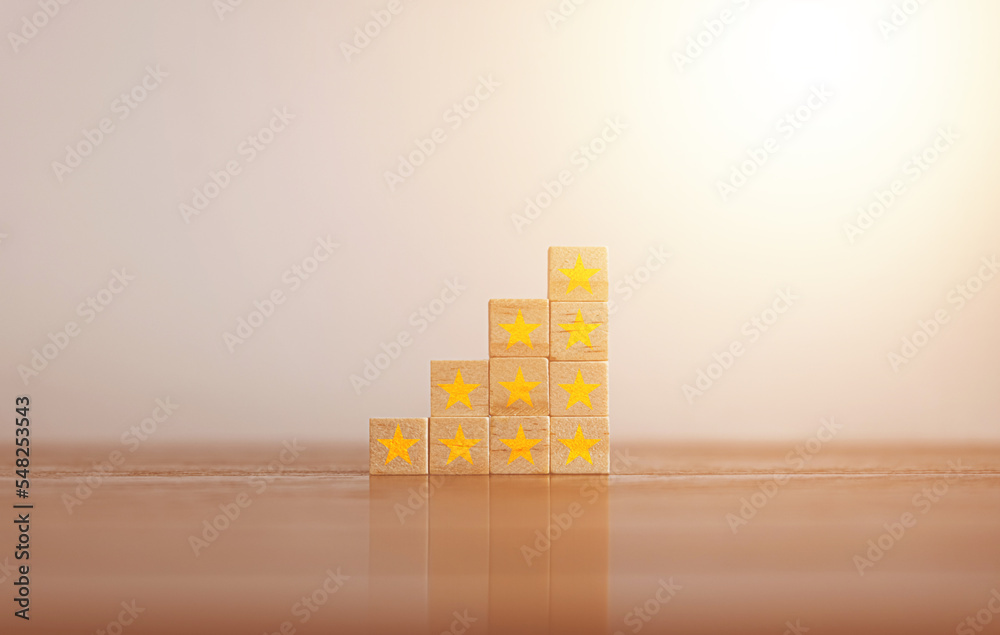 Woods block square step with 5 Star rating. Customer service evaluation and satisfaction and feedback survey concept for best excellent business rating experience. Woods block square step with 5 Star rating. Customer service evaluation and satisfaction and feedback survey concept for best excellent business rating experience.