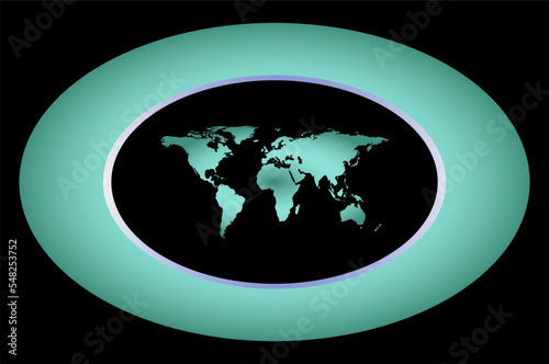 Map of the world and all continents in an elliptical frame