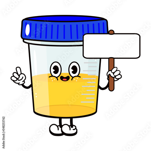 Cute funny container for analysis urine character with poster. Vector hand drawn cartoon kawaii character illustration icon. Isolated on white background. Container analysis urine character concept