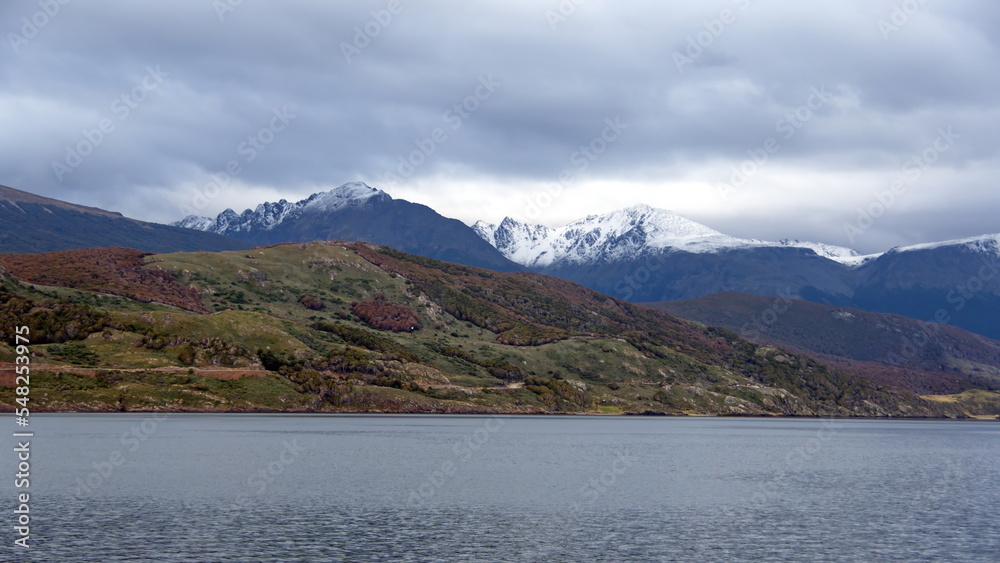 The snow capped Martial Mountains seen from the Beagle Channel, near Ushuaia, Argentina