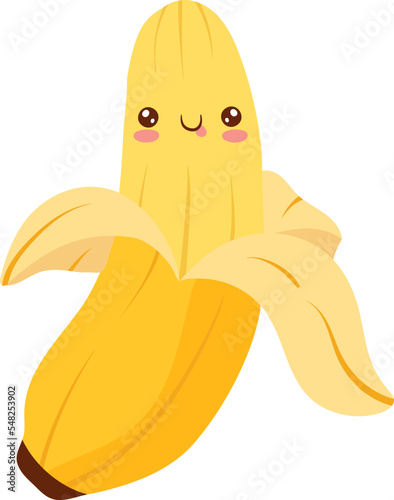 Yellow banana, wholesome food, bright funny kawaii, in cartoon style, juicy tropical fruit, design, flat vector illustration.