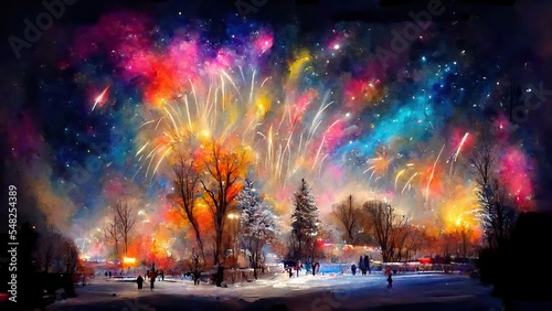 Fireworks in the cold winter night, landscape covered with snow, Christmas Eve, New Year