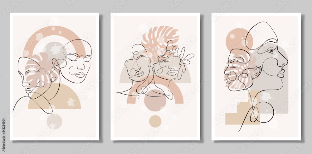 A set of three paintings. Vector portrait in a minimalist style. Geometric shapes, leaves, female portrait. Hand-drawn abstract female print. Used for social media stories.