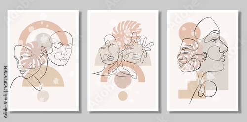 A set of three paintings. Vector portrait in a minimalist style. Geometric shapes, leaves, female portrait. Hand-drawn abstract female print. Used for social media stories.