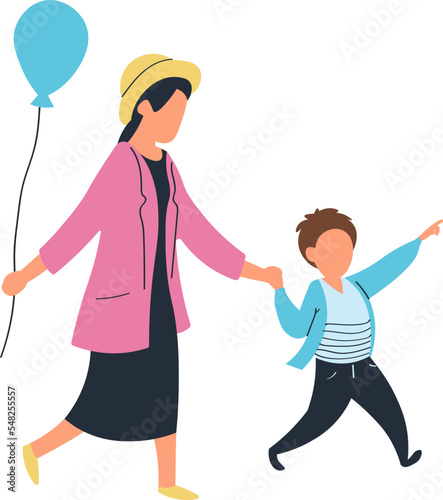 City dwellers, cheerful walking, happy young mother together with baby, caring woman. design, cartoon style vector illustration.