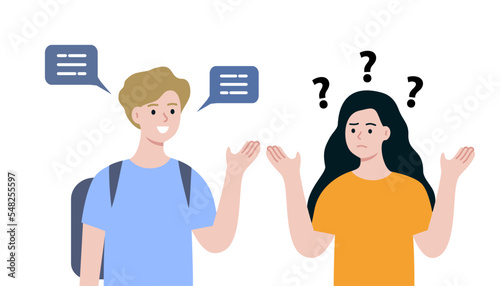 Communication problem, Language barrier concepts. People having misunderstanding. Woman with question mark above head. Flat cartoon people vector design illustration.