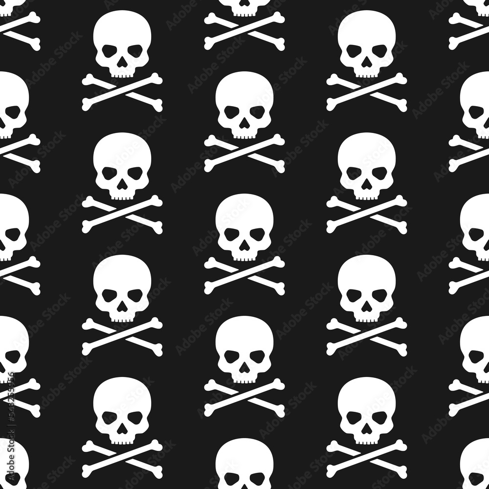 White skulls and crossed bones on black background. Vector seamless pattern. Best for textile, print, wrapping paper, package and decoration.