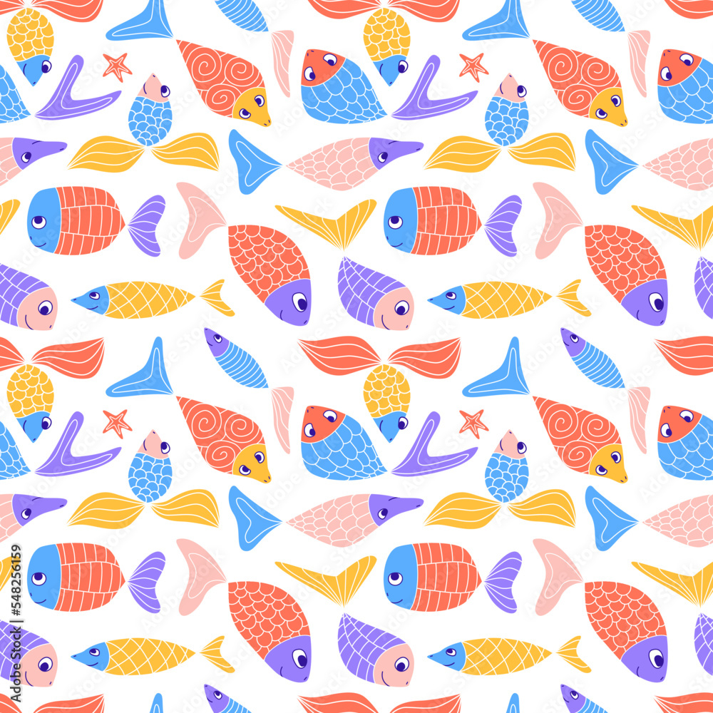 Cute colorful seamless pattern with cute doodle fish. Funny kids naive abstract aquarium background. Zentangle patterned sardines, herring, guppies, goldfish. Vector illustration. Cute colorful seamless pattern with cute doodle fish. Funny kids naive abstract aquarium background. Zentangle patterned sardines, herring, guppies, goldfish. Vector illustration.
