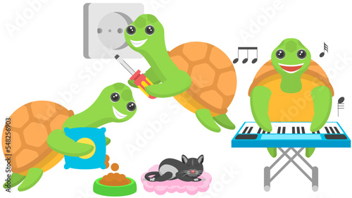Fototapeta Naklejka Na Ścianę i Meble -  Set Abstract Collection Flat Cartoon Different Animal Turtles Mounts The Socket, Plays The Synthesizer, Feed The Cat Vector Design Style Elements Fauna Wildlife
