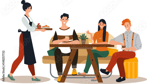 Group friend together eat in restaurant, character people male female rest cozy cafe design isolated on white, flat vector illustration.