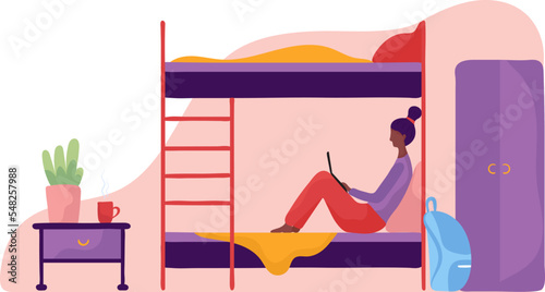 Youth hostel, modern room, bunk comfortable bed, student accommodation Isolated on white, design, flat style vector illustration.