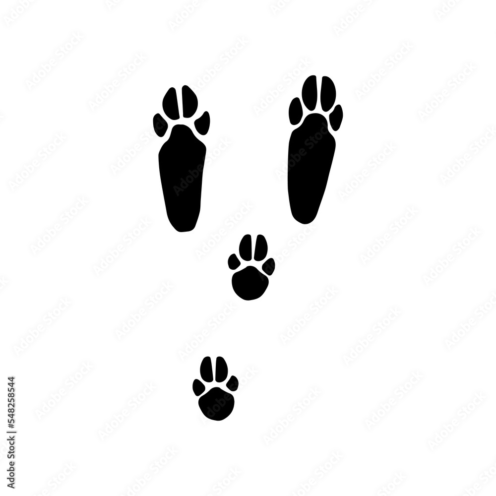 Rabbit paw silhouettes stamps. Trace of wet or mud steps of running or walking hare isolated on white background. - obrazy, fototapety, plakaty 