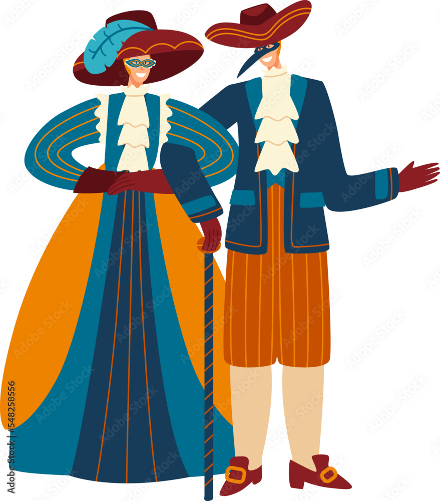 Character male female middle age europe traditional costume carnaval people, traditional mexico suit isolated on white, flat vector illustration.