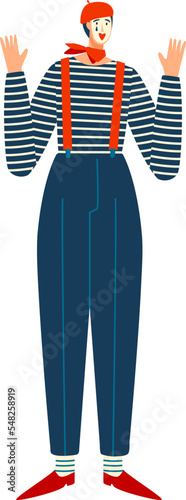 Circus mime male character, cheerful smiling mute clown show performance isolated on white, flat vector illustration. Traditional europe jester costume.