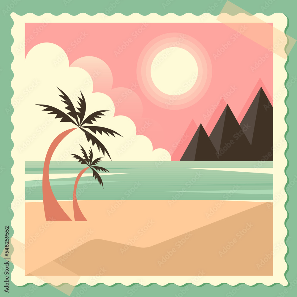 Beautiful beach in retro style with mountain views