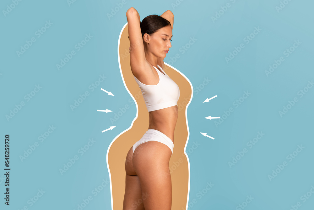Weightloss Concept. Fit Lady In Underwear With Drawn Silhouette Around Her Body - obrazy, fototapety, plakaty 