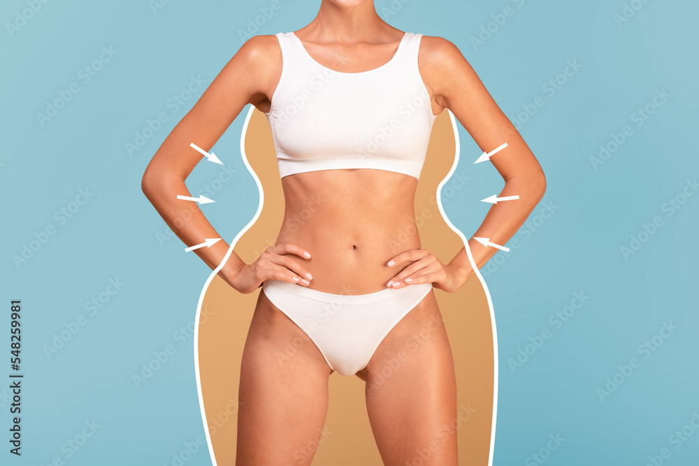Slim Female With Perfect Body In White Underwear And Silhouette Outlines - obrazy, fototapety, plakaty 