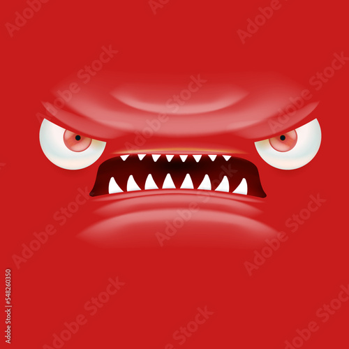 Vector funny angry red christmas monster face with open mouth with fangs and evil eyes isolated on red background. Christmas cute and angry monster design template for poster, banner and tee print