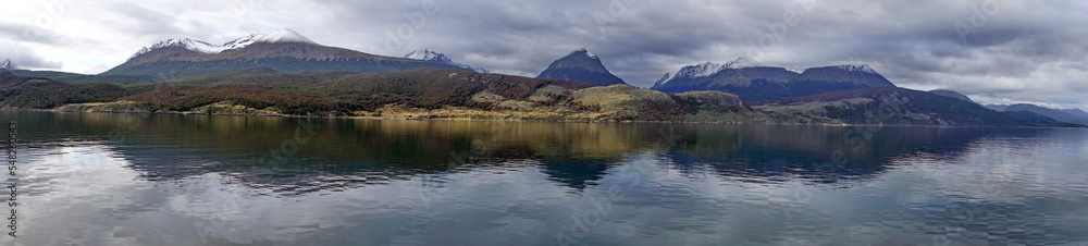 Panorama of the Martial Mountains, with a reflection in the water, from the Beagle Channel, near Ushuaia, Argentina