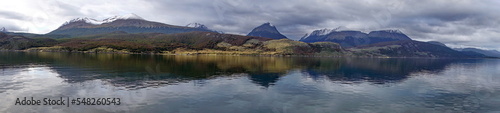 Panorama of the Martial Mountains, with a reflection in the water, from the Beagle Channel, near Ushuaia, Argentina