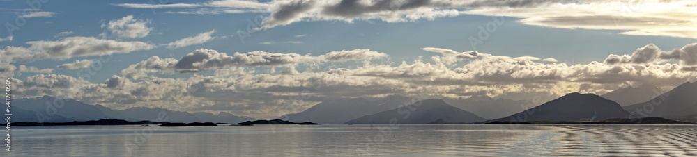 Panorama of the Beagle Channel, near Ushuaia, Argentina, at dusk