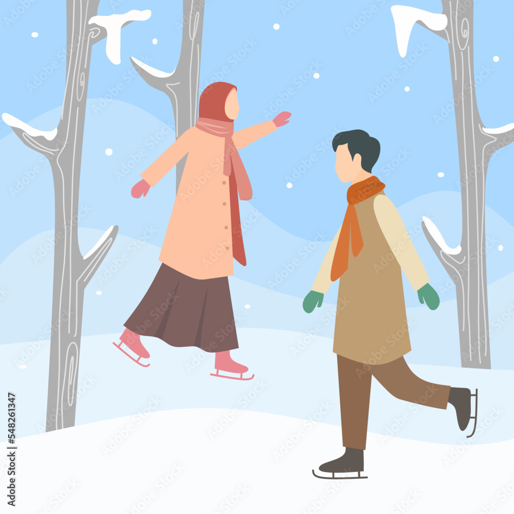 muslim man and woman playing ice skating in cold winter season muslim man and woman playing ice skating in cold winter season