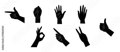 Vector collection of women's hands with various gestures. Fashionable minimalistic style for logos, prints, designs. A set of different female hands in a black silhouette.
