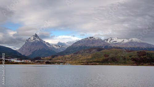 City of Ushuaia, Argentina, at the base of the Martial Mountains seen from a ship on the Beagle channel