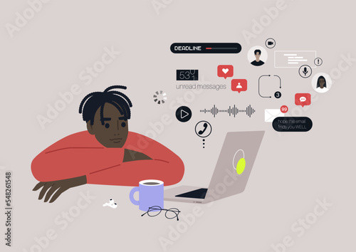 A young male African character ovewhelmed with online notifications, messages, calls, emails, social media reactions, and other digital activities