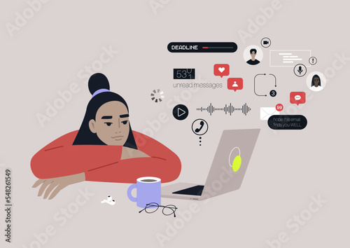 A young female Asian character ovewhelmed with online notifications, messages, calls, emails, social media reactions, and other digital activities photo