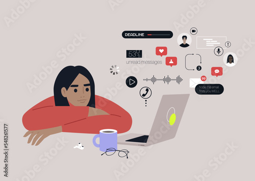 A young female Caucasian character ovewhelmed with online notifications, messages, calls, emails, social media reactions, and other digital activities