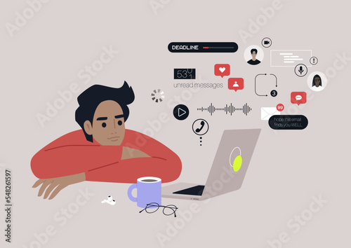 A young male Caucasian character ovewhelmed with online notifications, messages, calls, emails, social media reactions, and other digital activities
