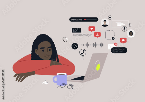 A young female African character ovewhelmed with online notifications, messages, calls, emails, social media reactions, and other digital activities