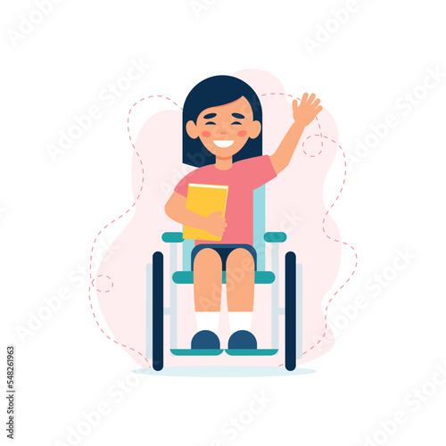 Cute smiling girl in wheelchair. Child with disabilities. Concept of education, training and social adaptation of people with disabilities. Equal opportunities. Inclusivity. Vector illustration