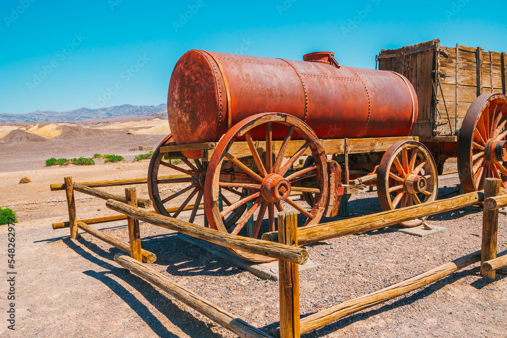  20 Mule Team Borax wagon train in historic Harmony Borax Works area in Death Valley National Park, California