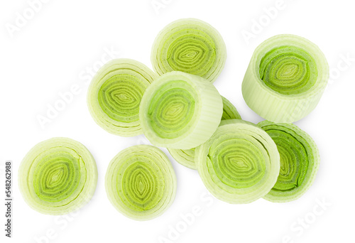 sliced leek rings on a white isolated background, top view
