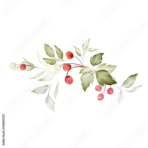 Christmas card Watercolor Christmas trees with branches and berries in a watercolor style.