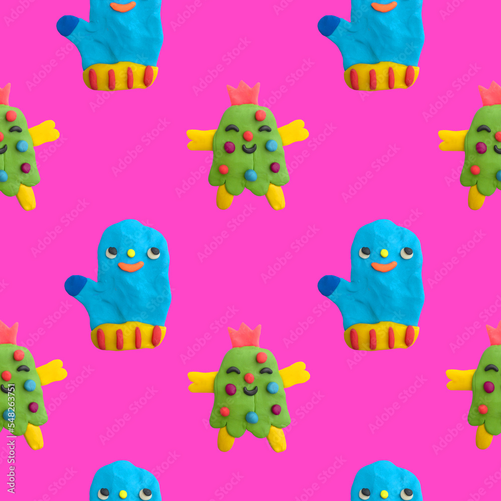 Obraz premium Plasticine craft seamless pattern - child face portrait.Clay 3d render patch.Real texture plasticine.quirky portrait character.Psychedelic funny hippie.New Year's party 00s and 90s style. 