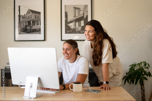 Adult lesbian wife brings coffee to spouse at desktop computer in home office