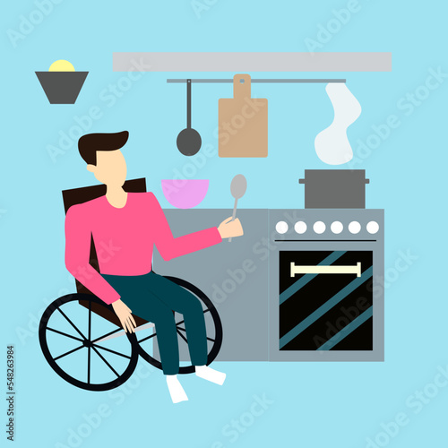 A man in a wheelchair prepares food. Life of people with disabilities.