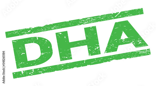 DHA text on green rectangle stamp sign.